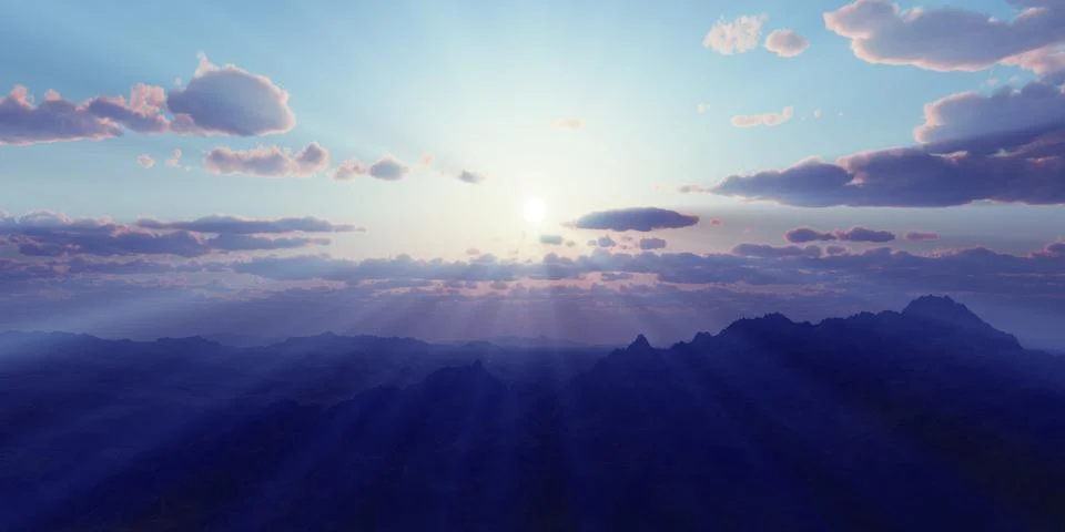 Mountain panorama over the clouds sunset. Computer generated 3D illustration Stock Illustration