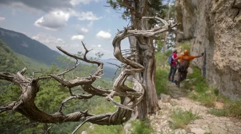 Mountain panorama with tourists Видео 58320491