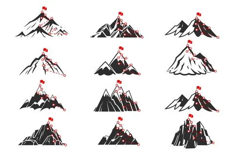 Mountain path. Sketch route to mountain peak set. Different mountains shapes 스톡 일러스트