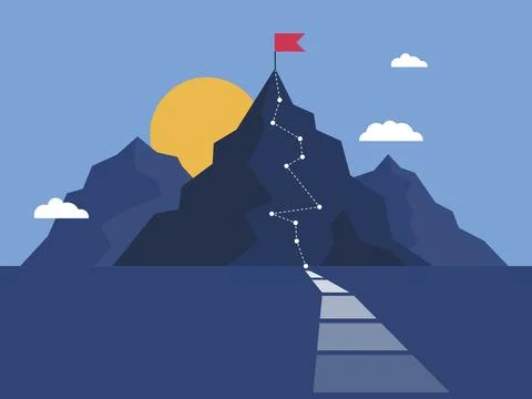 Mountain Path Toward Red Flag Summit Under Sunrise Symbolizing Success Stock Illustration