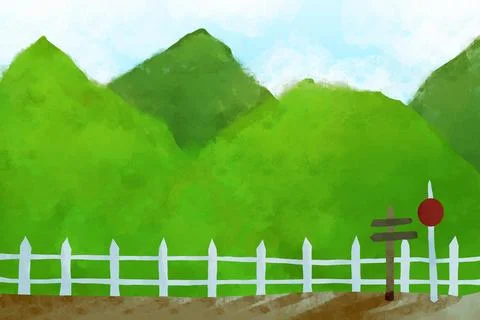 Mountain Path With White Fence During Bright Day Illustration イラスト素材
