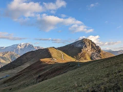 Mountain paths, ridges and panoramic valleys in the Dolomites mountains, Italy Stock Photos