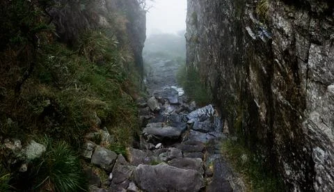 Mountain Pathway Through the Mist Stock Photos