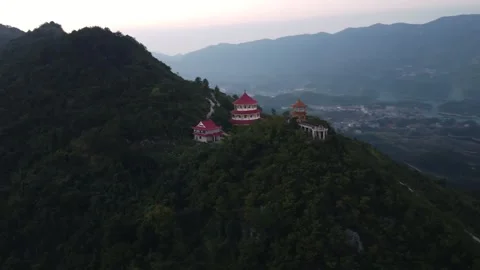 Mountain Peak Ancient Chinese Pavilion Aerial Drone View with Traditional Archit Stock Footage 326707153