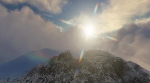 Mountain peak with clouds and sun in the background, 3d illustration イラスト素材