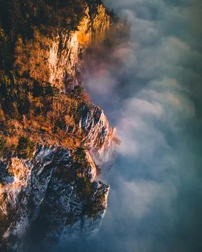 Mountain Peak Drone View during Sunrise with Fog - Hohe Wand Stock Photos