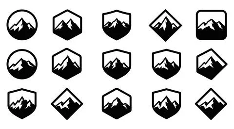 Mountain peak emblem set with geometric shield circle frame outdoor adventure Stock Illustration