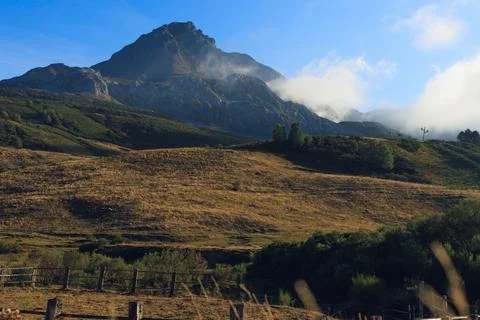 Mountain peak emerging from soft clouds, a tranquil alpine landscape reveal.. Stock Photos