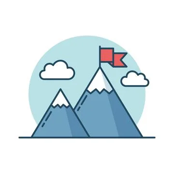 Mountain peak with flag icon in flat style. Exploration hiking vector illus.. Stock Illustration