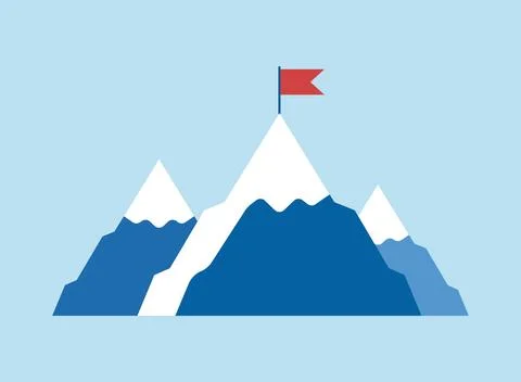 Mountain peak with flag icon in flat style. Exploration hiking vector illus.. Stock Illustration