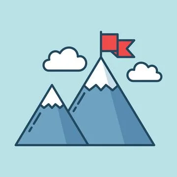 Mountain peak with flag icon in flat style. Exploration hiking vector illus.. Stock Illustration