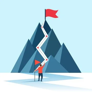 Mountain peak with flag icon in flat style. Exploration hiking vector illus.. Stock Illustration