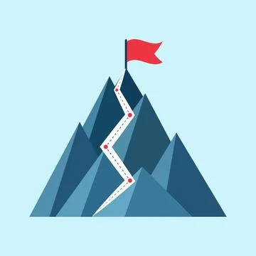 Mountain peak with flag icon in flat style. Exploration hiking vector illus.. Stock Illustration