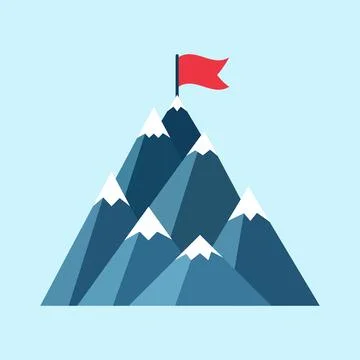 Mountain peak with flag icon in flat style. Exploration hiking vector illus.. Stock Illustration