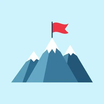 Mountain peak with flag icon in flat style. Exploration hiking vector illus.. Stock Illustration