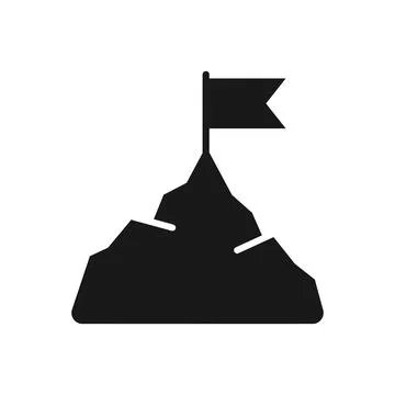 Mountain peak with flag icon in flat style. Exploration hiking vector illus.. Stock Illustration