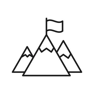 Mountain peak with flag icon in flat style. Exploration hiking vector illus.. Stock Illustration