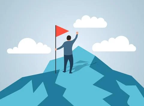 Mountain peak with flag icon in flat style. Exploration hiking vector illus.. Stock Illustration