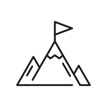 Mountain peak with flag icon in flat style. Exploration hiking vector illus.. Stock Illustration