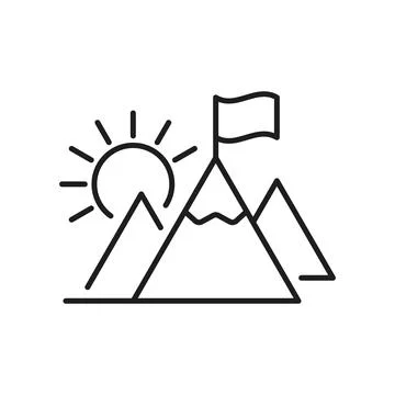 Mountain peak with flag icon in flat style. Exploration hiking vector illus.. Stock Illustration