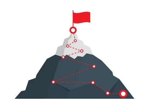 Mountain peak with flag icon in flat style. Exploration hiking vector illus.. Stock Illustration