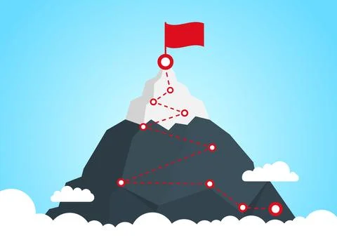 Mountain peak with flag icon in flat style. Exploration hiking vector illus.. Stock Illustration