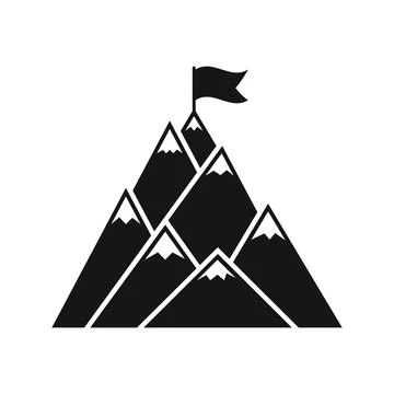 Mountain peak with flag icon in flat style. Exploration hiking vector illus.. Stock Illustration