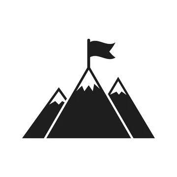 Mountain peak with flag icon in flat style. Exploration hiking vector illus.. Stock Illustration