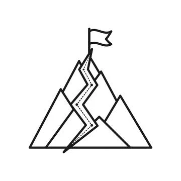 Mountain peak with flag icon in outline stroke flat style. Exploration hiki.. Stock Illustration