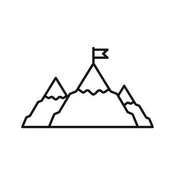 Mountain peak with flag icon in outline stroke flat style. Exploration hiki.. Stock Illustration