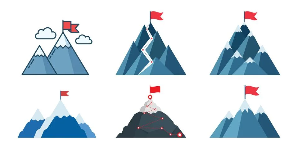 Mountain peak with flag icon set collection in flat style. Exploration hiki.. Stock Illustration