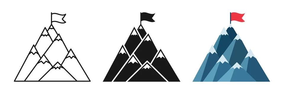 Mountain peak with flag icon set collection in flat style. Exploration hiki.. Stock Illustration