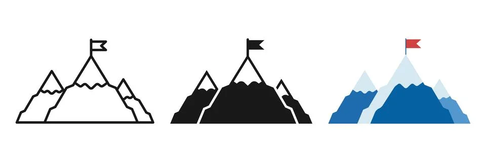 Mountain peak with flag icon set collection in flat style. Exploration hiki.. Stock Illustration