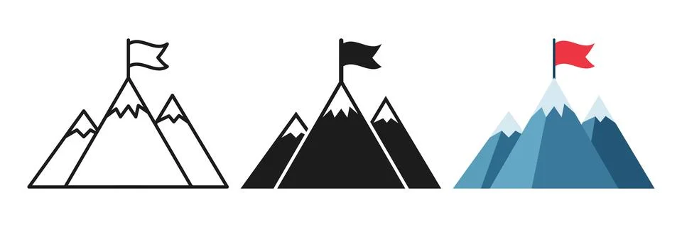 Mountain peak with flag icon set collection in flat style. Exploration hiki.. Stock Illustration