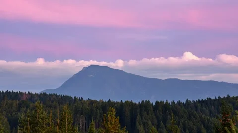 Mountain peak with forest foreground, pink violet sunset clouds and low drifting Stock Footage 317680580