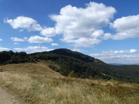 Mountain Peak With Forest Slopes And Fluffy Clouds Foto stock