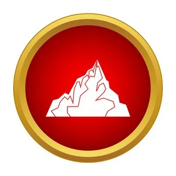 Mountain peak icon with gold border on red background Stock Illustration