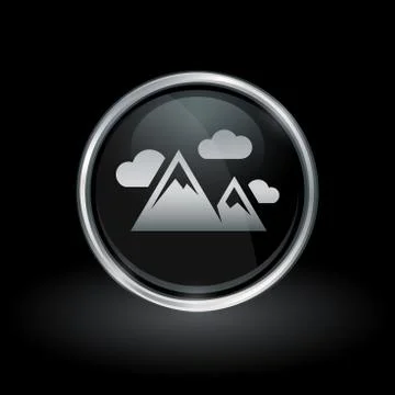Mountain peak icon inside round silver and black emblem Stock Illustration
