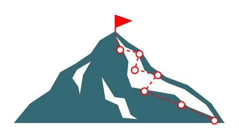 Mountain peak illustration with climbing path, checkpoints, and red flag Illustrazione stock