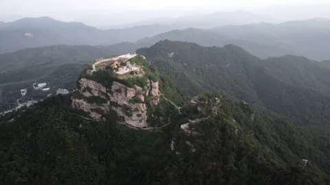 Mountain Peak Landscape Aerial Drone View with Green Forest and Sunny Sky Stock Footage 326733155