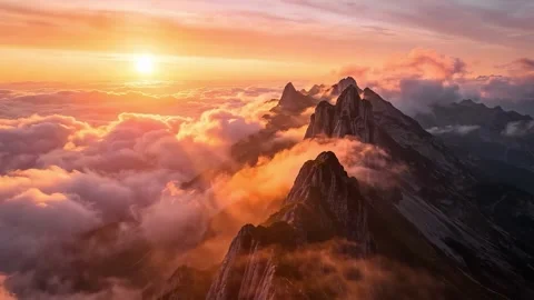 Mountain peak ridge at sunset above a sea of clouds Stock Footage 346323833
