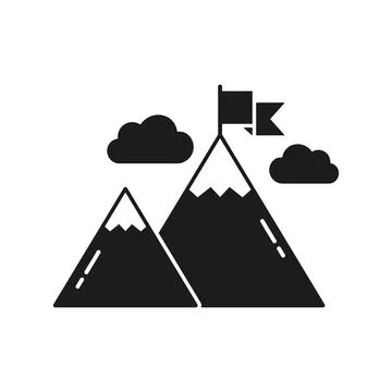 Mountain peak silhouette with flag icon in flat style. Exploration hiking v.. Stock Illustration