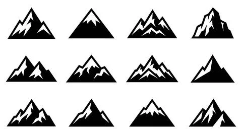 Mountain peak silhouette icon set with snow capped summit rocky ridge wildeness Stock Illustration