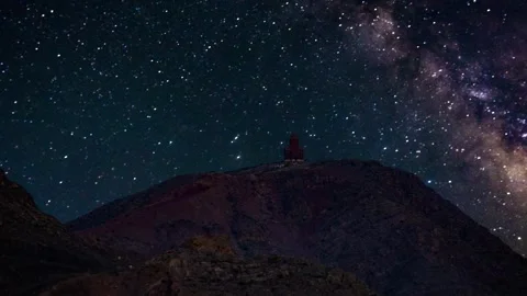 Mountain peak with a small temple under a rotating starry night sky Stock Footage 347864811