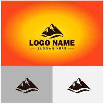 Mountain peak summit logo vector art Outdoor hiking adventure icon travel l.. Stock Illustration