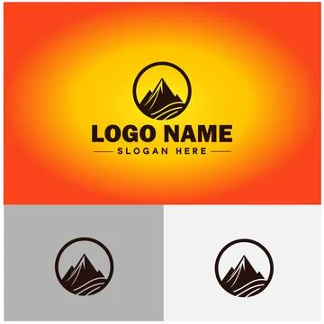 Mountain peak summit logo vector art Outdoor hiking adventure icon travel l.. Stock Illustration