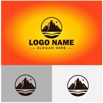 Mountain peak summit logo vector art Outdoor hiking adventure icon travel l.. Illustrazione stock
