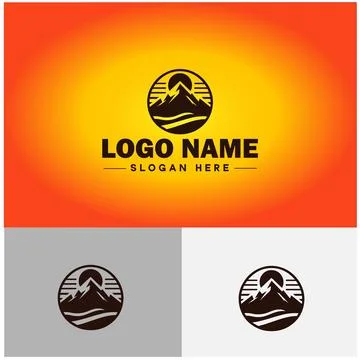 Mountain peak summit logo vector art Outdoor hiking adventure icon travel l.. Stock Illustration