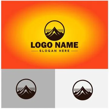 Mountain peak summit logo vector art Outdoor hiking adventure icon travel l.. Stock Illustration