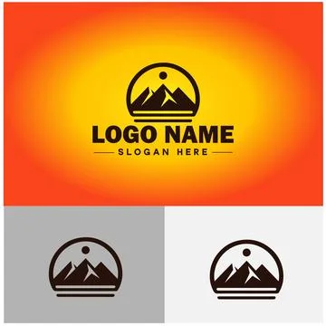 Mountain peak summit logo vector art Outdoor hiking adventure icon travel l.. Stock Illustration